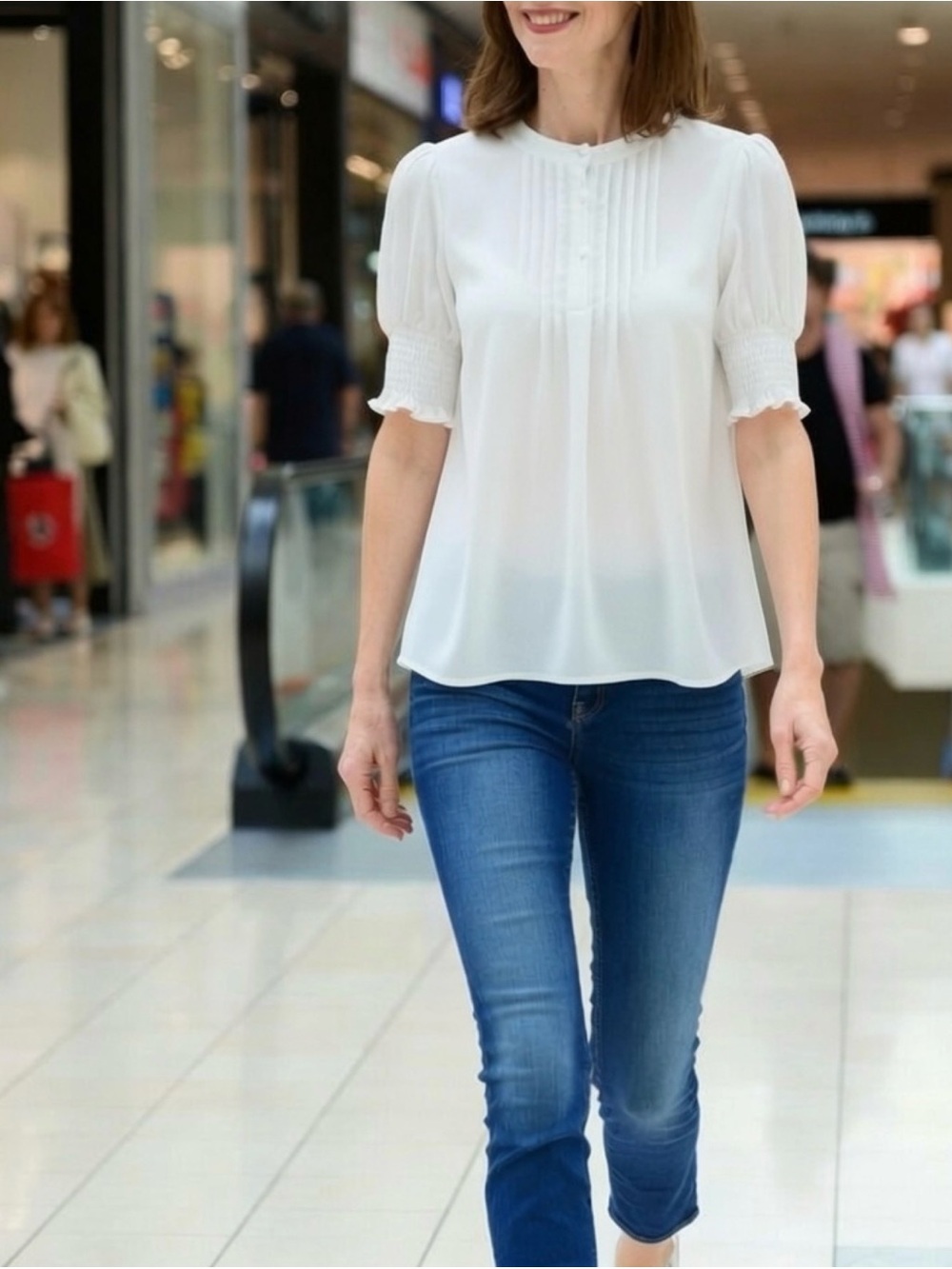 NYDJ White Pintuck and Smocked Sleeve Blouse